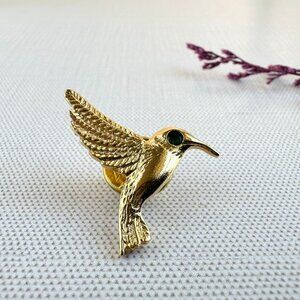 Vintage Gold-Tone Hummingbird Pin With Green Eye Accent & Push Back Closure
